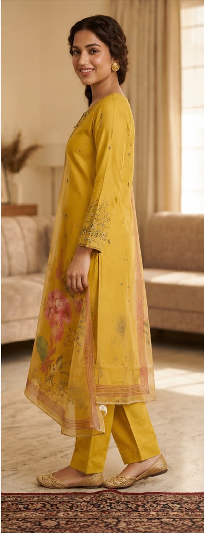 TLAS Women's Pure Cotton Embroidered Kurta Pant Dupatta Set | Festive Ethnic Wear | Mustard Yellow