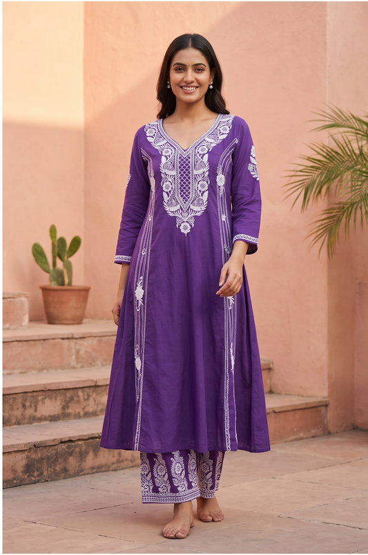 TLAS Purple Chikankari Embroidered V-Neck Kurta with Bottom Set