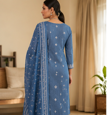 TLAS Women's Pure Cotton Embroidered Kurta Pant Dupatta Set | V-Neck | Festive & Casual Ethnic Wear | Blue