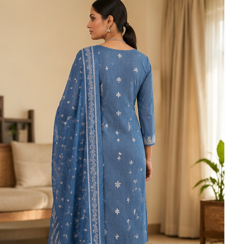 TLAS Women's Pure Cotton Embroidered Kurta Pant Dupatta Set | V-Neck | Festive & Casual Ethnic Wear | Blue