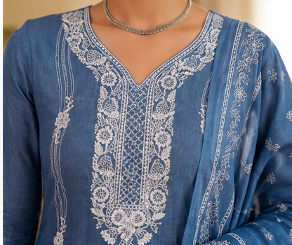 TLAS Women's Pure Cotton Embroidered Kurta Pant Dupatta Set | V-Neck | Festive & Casual Ethnic Wear | Blue