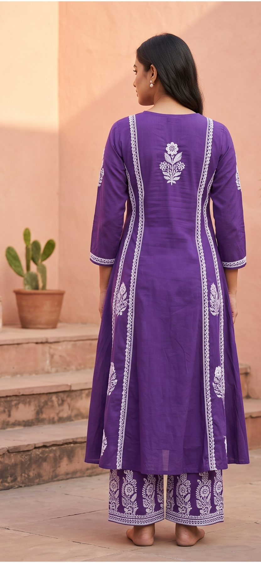 TLAS Purple Chikankari Embroidered V-Neck Kurta with Bottom Set