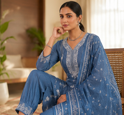 TLAS Women's Pure Cotton Embroidered Kurta Pant Dupatta Set | V-Neck | Festive & Casual Ethnic Wear | Blue