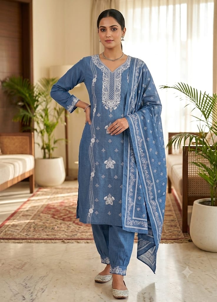 TLAS Women's Pure Cotton Embroidered Kurta Pant Dupatta Set | V-Neck | Festive & Casual Ethnic Wear | Blue