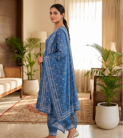 TLAS Women's Pure Cotton Embroidered Kurta Pant Dupatta Set | V-Neck | Festive & Casual Ethnic Wear | Blue