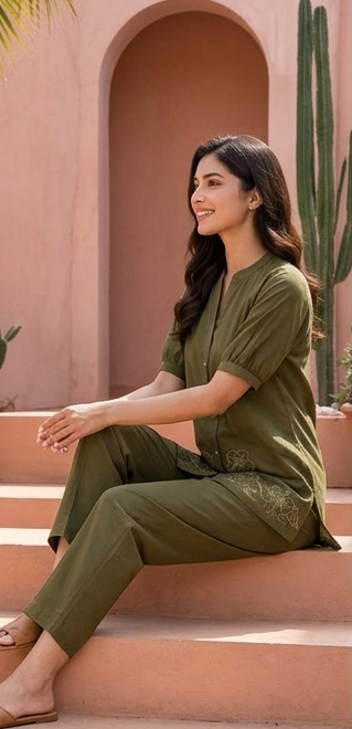Women's Embroidered Cotton Co-ord Set – Olive Green