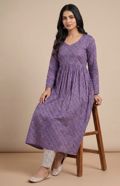 TLAS Purple Printed Kurti Set with Bottom & Dupatta – 3 Piece Set
