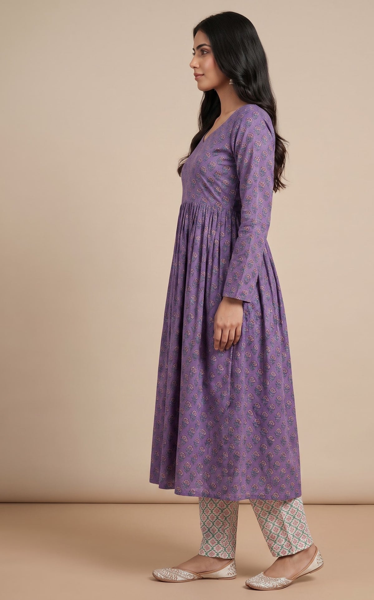 TLAS Purple Printed Kurti Set with Bottom & Dupatta – 3 Piece Set