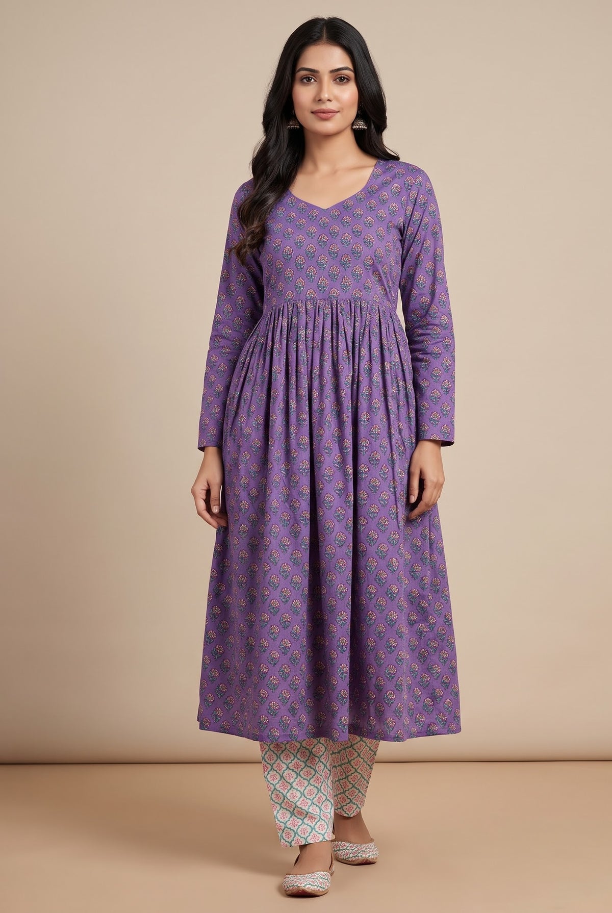 TLAS Purple Printed Kurti Set with Bottom & Dupatta – 3 Piece Set