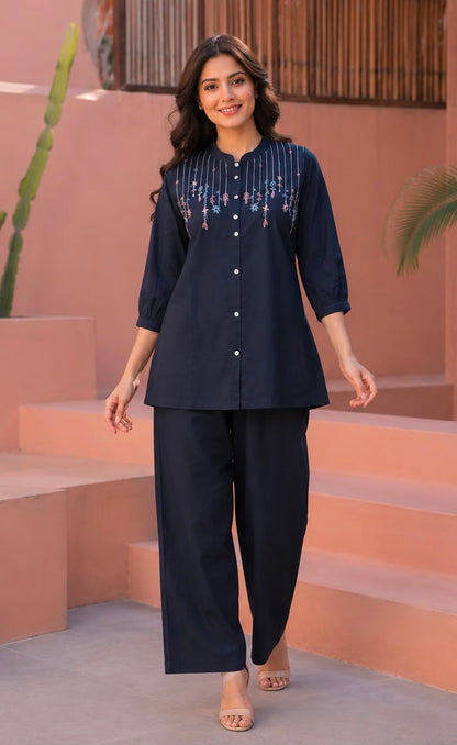 Women's Embroidered Cotton Co-ord Set – Navy Blue