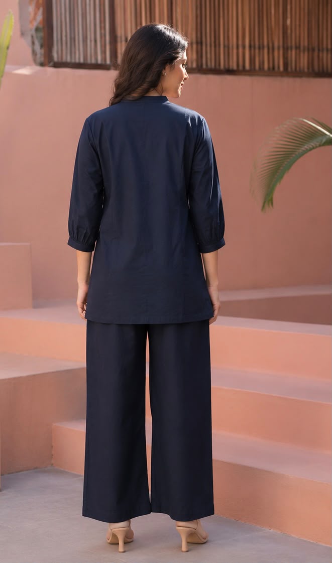 Women's Embroidered Cotton Co-ord Set – Navy Blue
