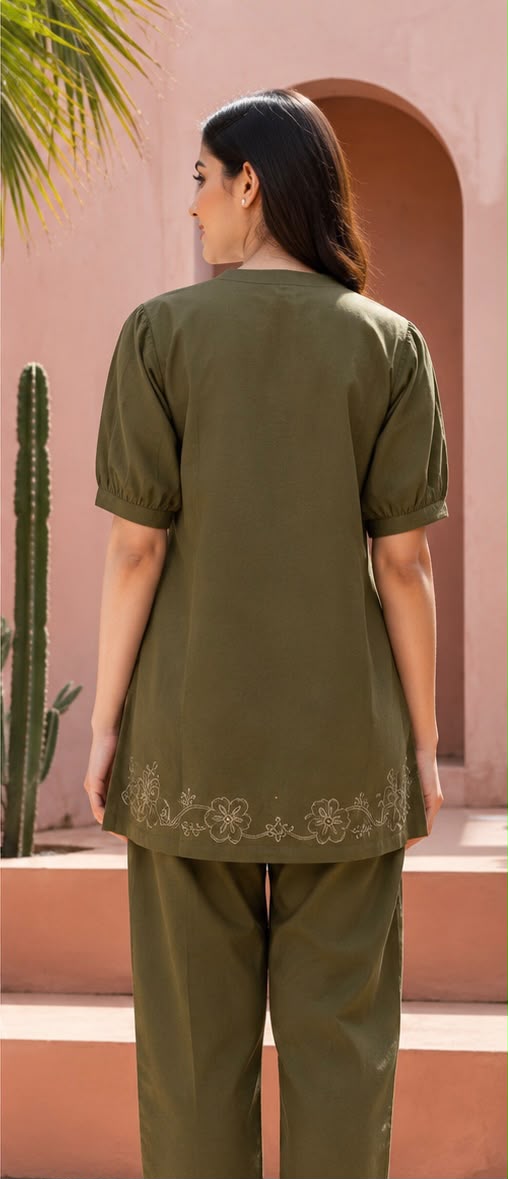 Women's Embroidered Cotton Co-ord Set – Olive Green