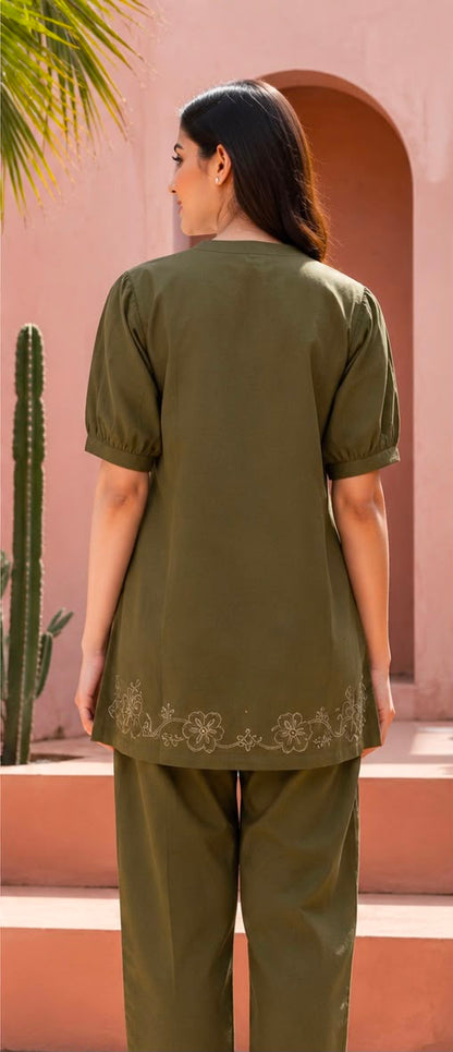 Women's Embroidered Cotton Co-ord Set – Olive Green