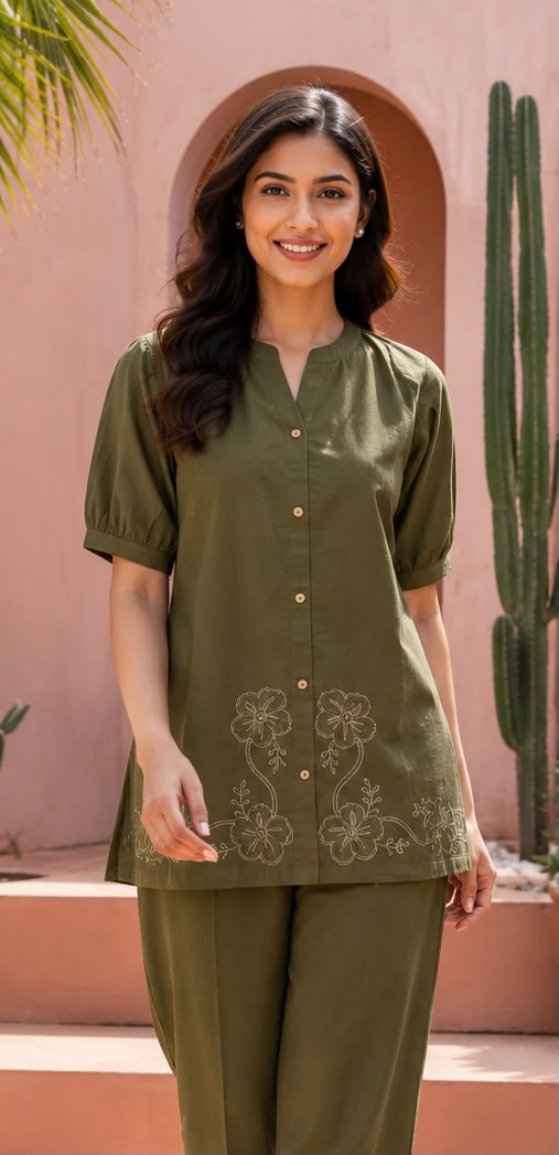 Women's Embroidered Cotton Co-ord Set – Olive Green