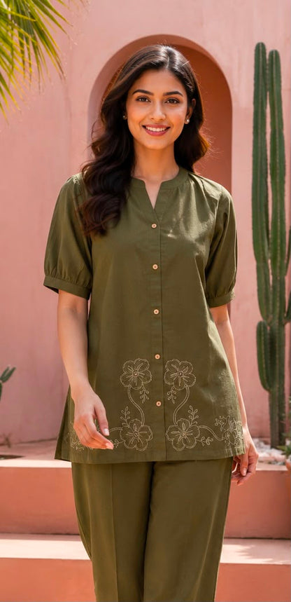 Women's Embroidered Cotton Co-ord Set – Olive Green