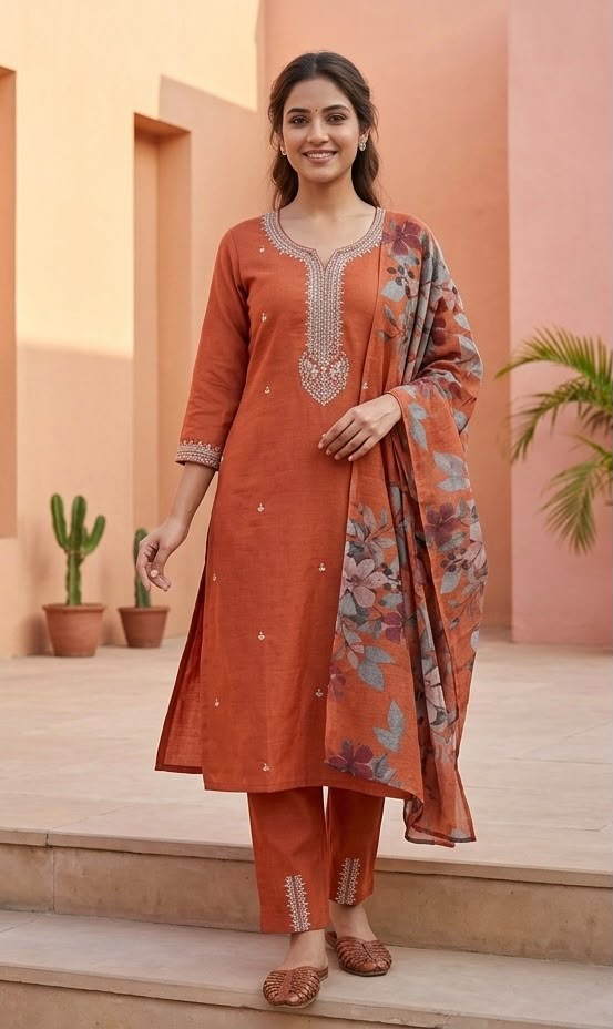 Women's Premium Slub Cotton 3 Piece Suit Set – Rust Orange