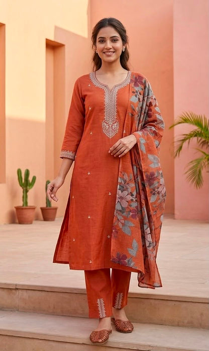 Women's Premium Slub Cotton 3 Piece Suit Set – Rust Orange