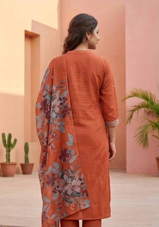 Women's Premium Slub Cotton 3 Piece Suit Set – Rust Orange