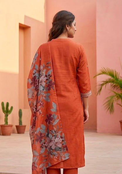 Women's Premium Slub Cotton 3 Piece Suit Set – Rust Orange