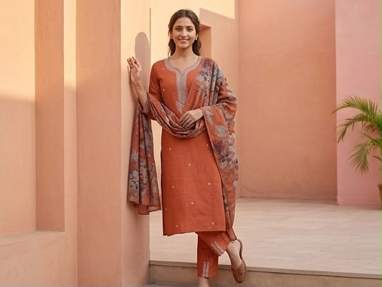 Women's Premium Slub Cotton 3 Piece Suit Set – Rust Orange