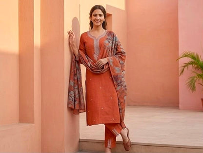 Women's Premium Slub Cotton 3 Piece Suit Set – Rust Orange