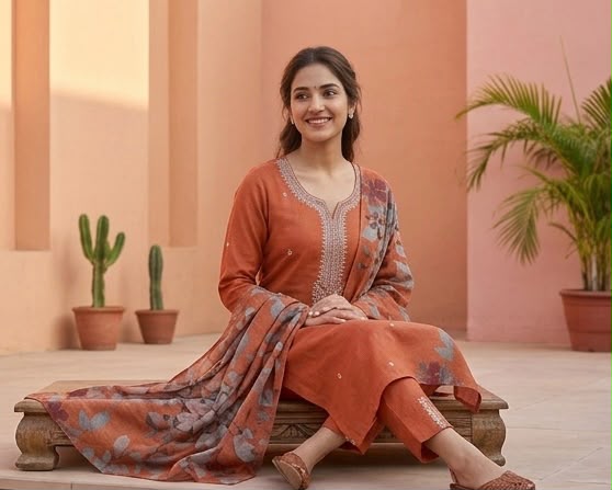 Women's Premium Slub Cotton 3 Piece Suit Set – Rust Orange