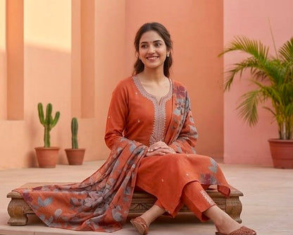 Women's Premium Slub Cotton 3 Piece Suit Set – Rust Orange
