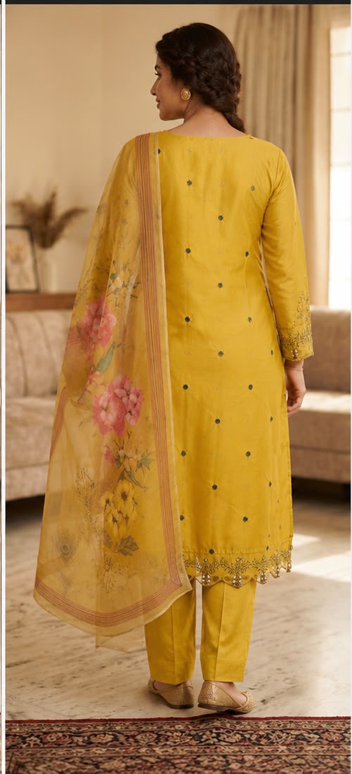 TLAS Women's Pure Cotton Embroidered Kurta Pant Dupatta Set | Festive Ethnic Wear | Mustard Yellow