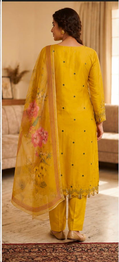TLAS Women's Pure Cotton Embroidered Kurta Pant Dupatta Set | Festive Ethnic Wear | Mustard Yellow