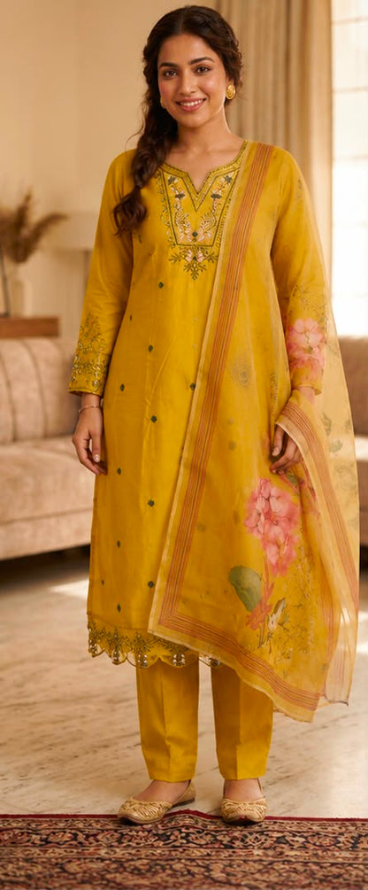 TLAS Women's Pure Cotton Embroidered Kurta Pant Dupatta Set | Festive Ethnic Wear | Mustard Yellow