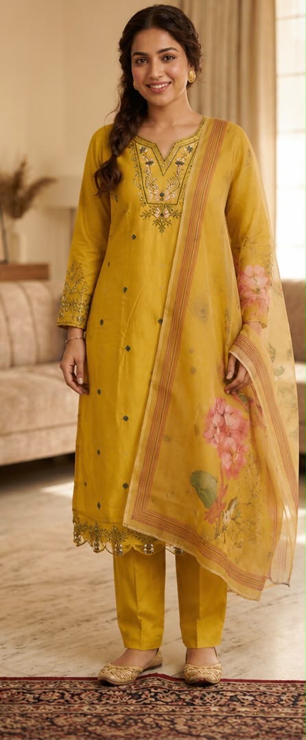 TLAS Women's Pure Cotton Embroidered Kurta Pant Dupatta Set | Festive Ethnic Wear | Mustard Yellow