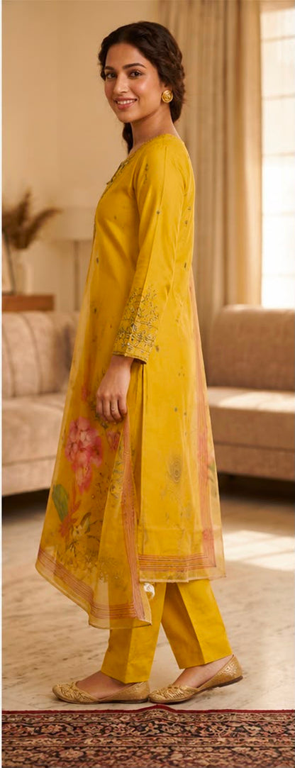 TLAS Women's Pure Cotton Embroidered Kurta Pant Dupatta Set | Festive Ethnic Wear | Mustard Yellow