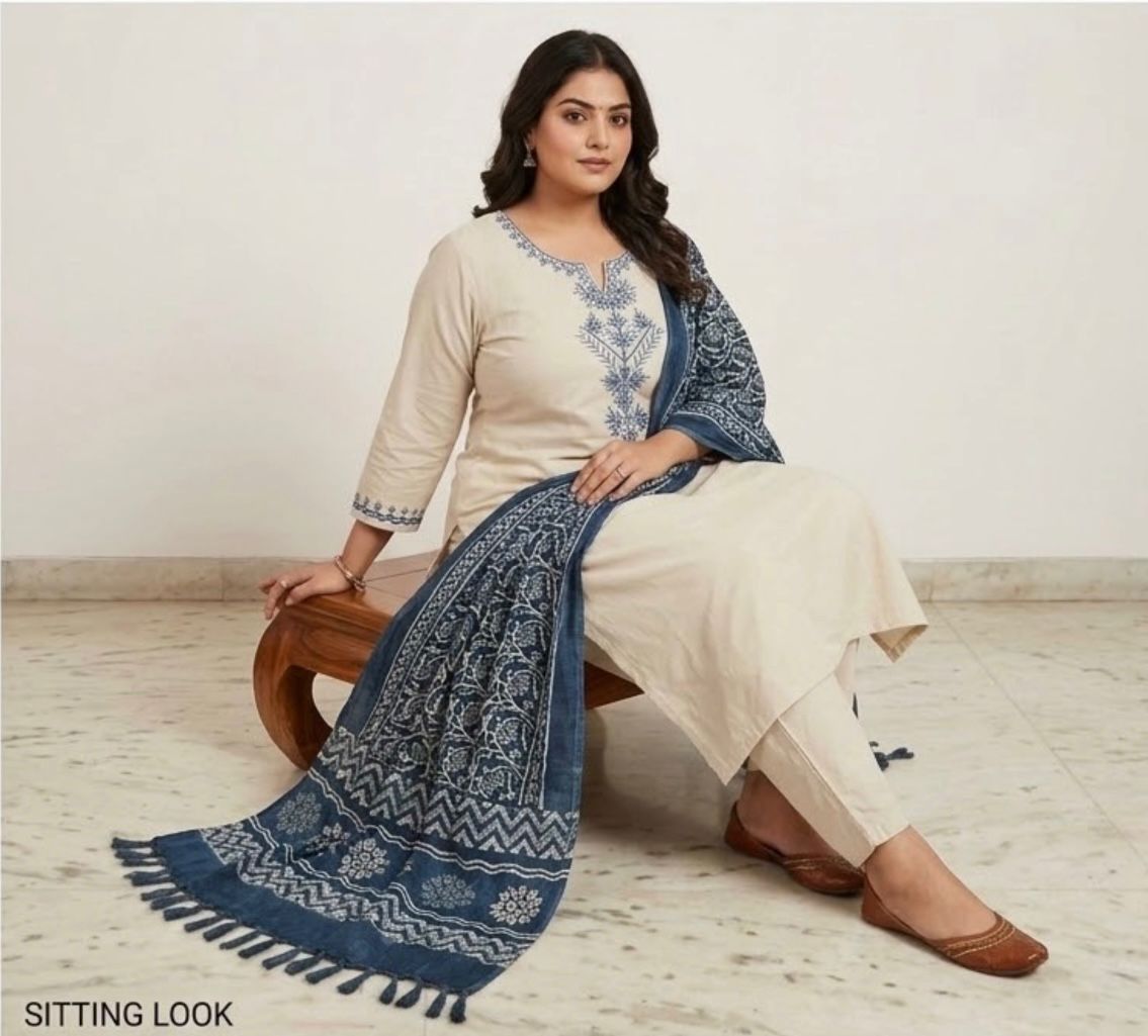 Women's Premium Cotton Kurta Pant & Dupatta Set – White & Blue