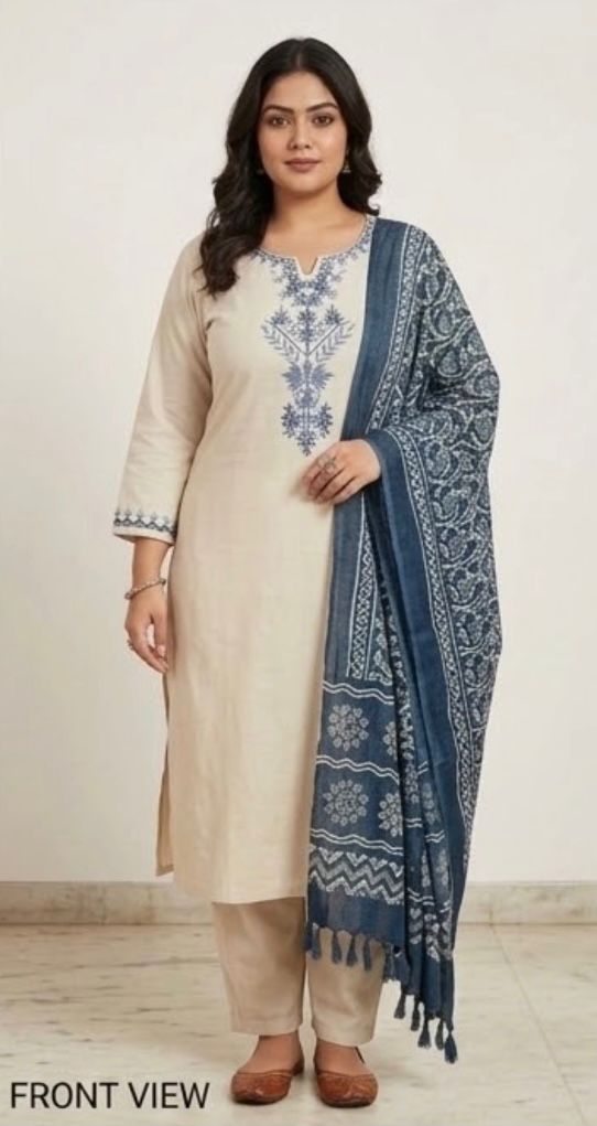 Women's Premium Cotton Kurta Pant & Dupatta Set – White & Blue