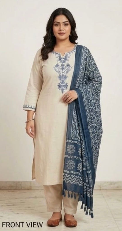 Women's Premium Cotton Kurta Pant & Dupatta Set – White & Blue