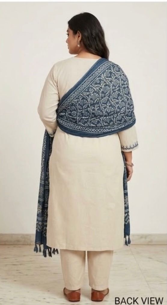 Women's Premium Cotton Kurta Pant & Dupatta Set – White & Blue