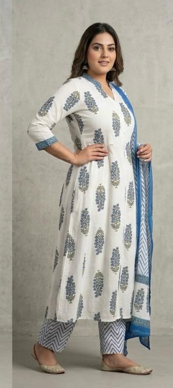 TLAS Blue & White Printed Kurti Set with Bottom & Dupatta – 3 Piece Set