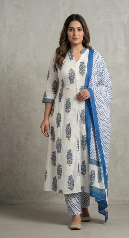 TLAS Blue & White Printed Kurti Set with Bottom & Dupatta – 3 Piece Set