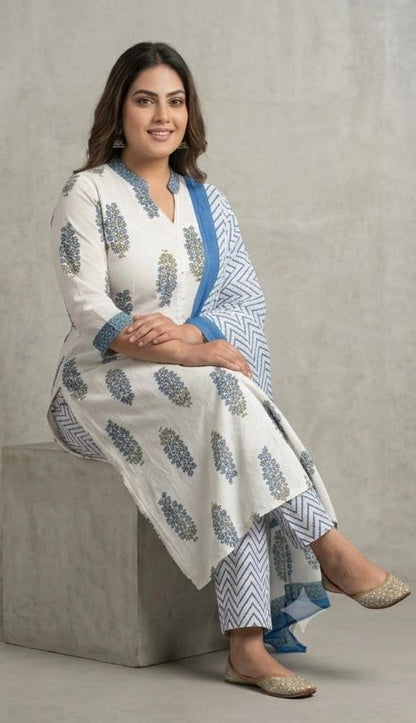 TLAS Blue & White Printed Kurti Set with Bottom & Dupatta – 3 Piece Set