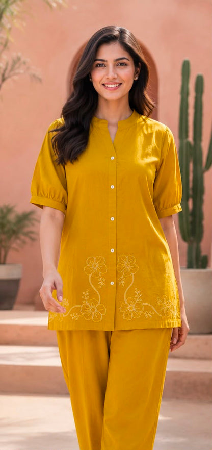 Women's Embroidered Cotton Co-ord Set – Olive Green