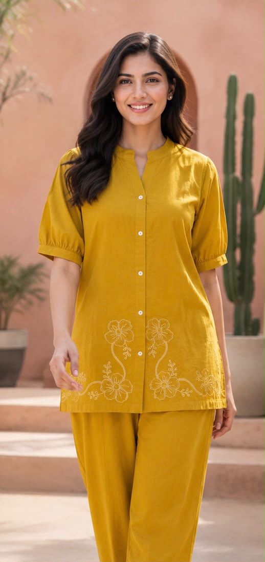 Women's Embroidered Cotton Co-ord Set – Olive Green