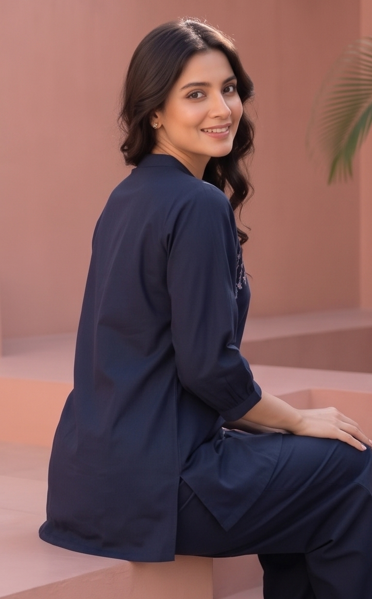 Women's Embroidered Cotton Co-ord Set – Navy Blue