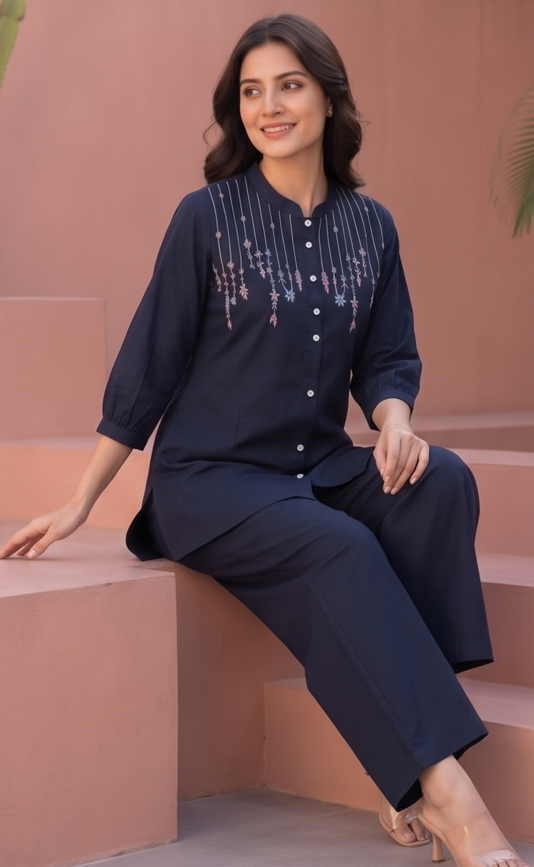 Women's Embroidered Cotton Co-ord Set – Navy Blue