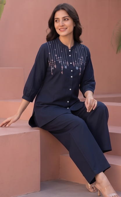 Women's Embroidered Cotton Co-ord Set – Navy Blue