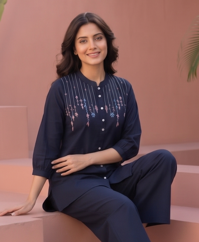 Women's Embroidered Cotton Co-ord Set – Navy Blue