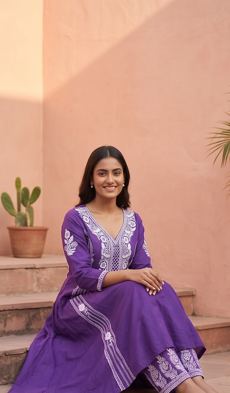 TLAS Purple Chikankari Embroidered V-Neck Kurta with Bottom Set